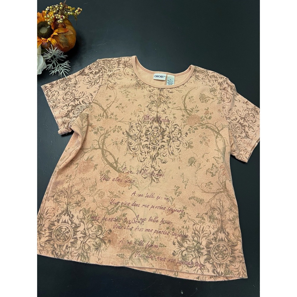 Cherokee Y2K 90s Pink Brown Floral Scroll Studded Rhinestone embellished Tee XL